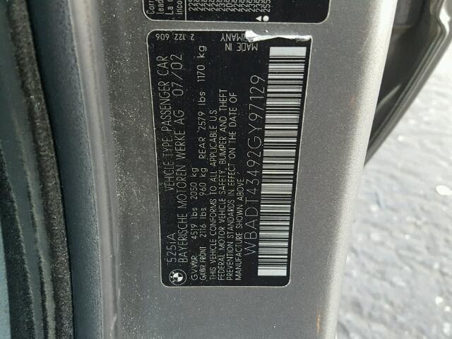 WBADT43492GY97129 - 2002 BMW 525 I AUTO GRAY photo 10