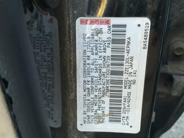 JTDBR38E730036739 - 2003 TOYOTA COROLLA CE BLACK photo 10