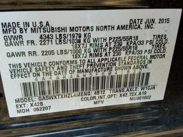 4A4AR4AW5FE041832 - 2015 MITSUBISHI OUTLANDER BLACK photo 10