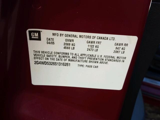 2G4WD532651316261 - 2005 BUICK LACROSSE C BURGUNDY photo 10