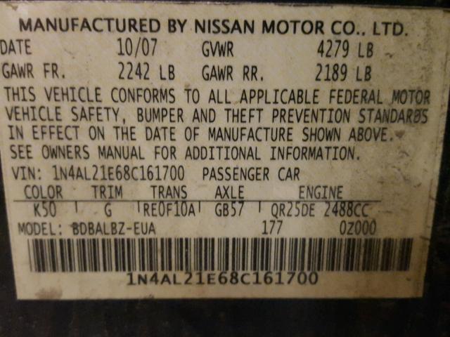 1N4AL21E68C161700 - 2008 NISSAN ALTIMA 2.5 CHARCOAL photo 10