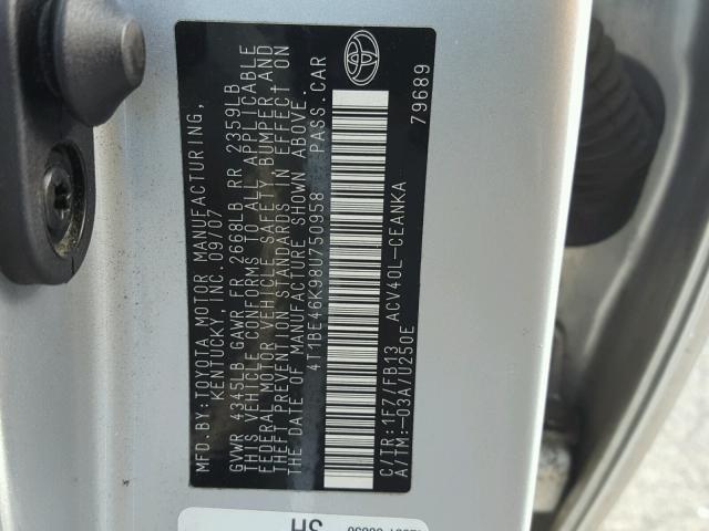 4T1BE46K98U750958 - 2008 TOYOTA CAMRY CE SILVER photo 10