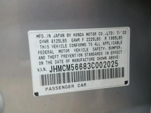 JHMCM56683C002025 - 2003 HONDA ACCORD EX SILVER photo 10