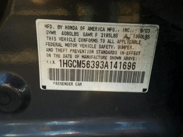 1HGCM56393A141696 - 2003 HONDA ACCORD LX BLUE photo 10