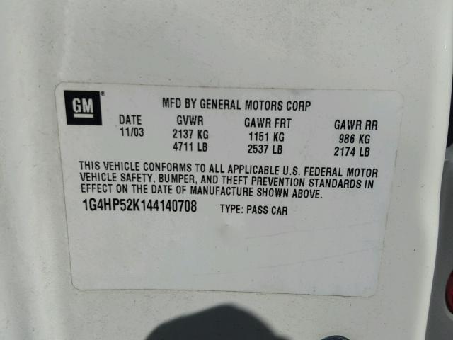 1G4HP52K144140708 - 2004 BUICK LESABRE CU WHITE photo 10