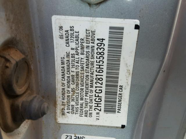 2HGFG12816H558394 - 2006 HONDA CIVIC EX SILVER photo 10