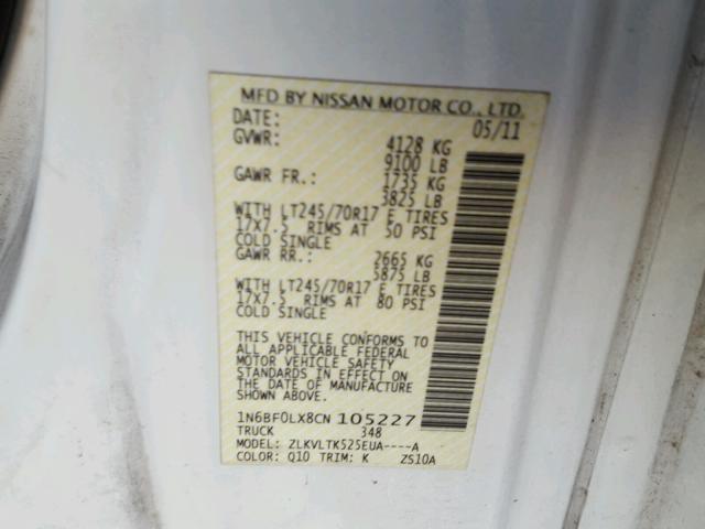 1N6BF0LX8CN105227 - 2012 NISSAN NV 2500 WHITE photo 10