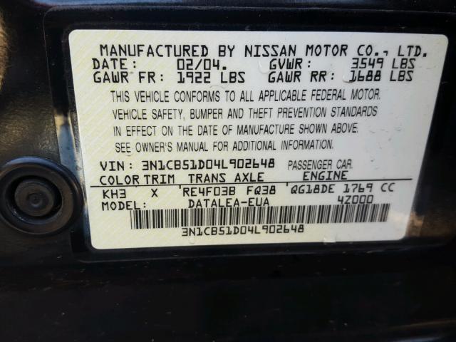 3N1CB51D04L902648 - 2004 NISSAN SENTRA 1.8 BLACK photo 10