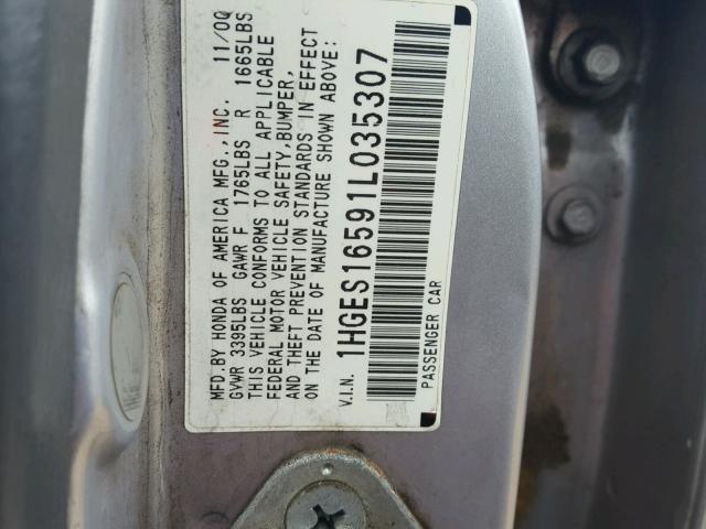 1HGES16591L035307 - 2001 HONDA CIVIC LX SILVER photo 10