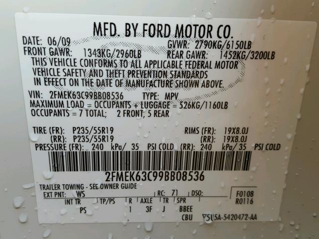 2FMEK63C99BB08536 - 2009 FORD FLEX LIMIT WHITE photo 10