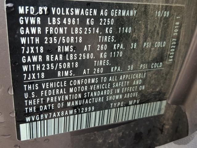 WVGBV7AX8AW512999 - 2010 VOLKSWAGEN TIGUAN SE GRAY photo 10