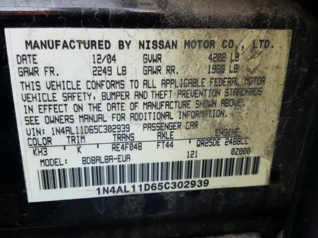 1N4AL11D65C302939 - 2005 NISSAN ALTIMA S BLACK photo 10