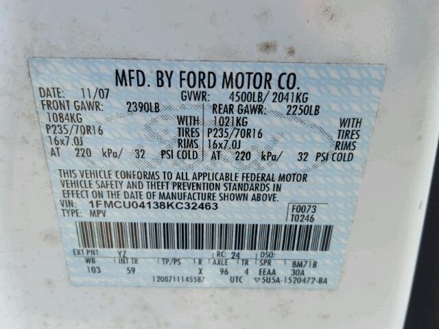 1FMCU04138KC32463 - 2008 FORD ESCAPE LIM WHITE photo 10