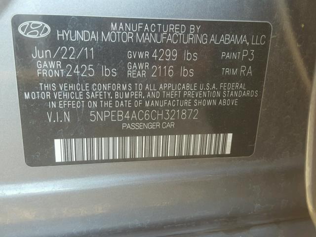 5NPEB4AC6CH321872 - 2012 HYUNDAI SONATA GLS GRAY photo 10