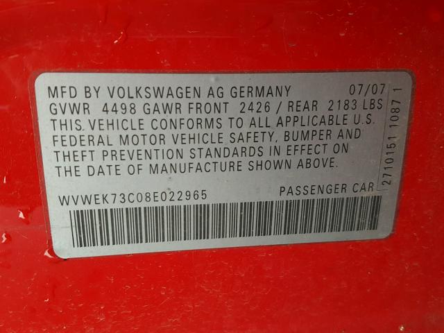 WVWEK73C08E022965 - 2008 VOLKSWAGEN PASSAT LUX RED photo 10