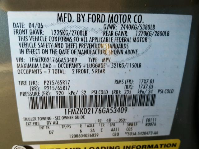 1FMZK02176GA53409 - 2006 FORD FREESTYLE GREEN photo 10