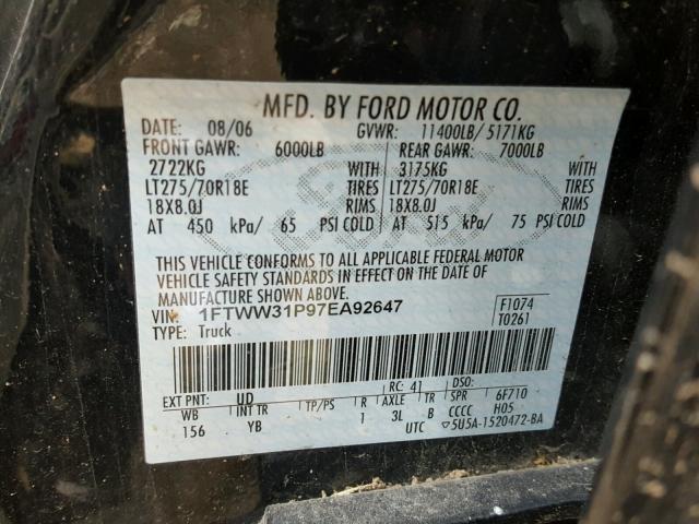 1FTWW31P97EA92647 - 2007 FORD F350 SRW S BLACK photo 10