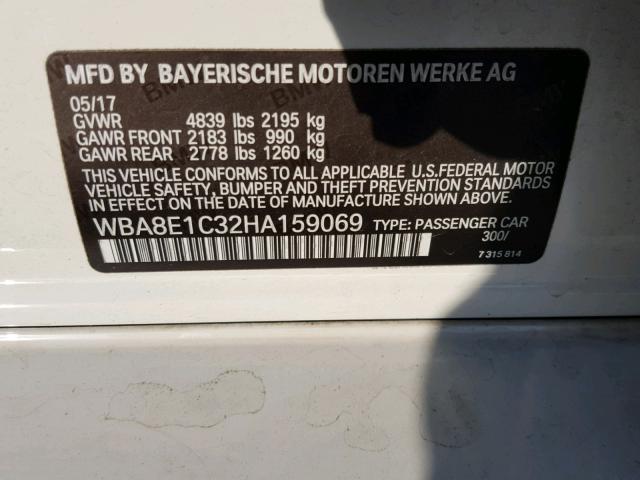 WBA8E1C32HA159069 - 2017 BMW 330E WHITE photo 10