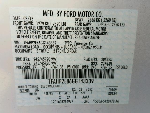 1FAHP2E86GG143339 - 2016 FORD TAURUS SEL WHITE photo 10