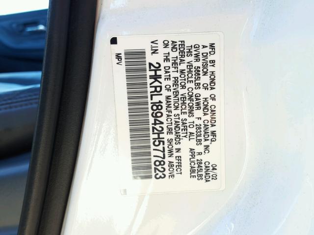 2HKRL18942H577823 - 2002 HONDA ODYSSEY EX WHITE photo 10