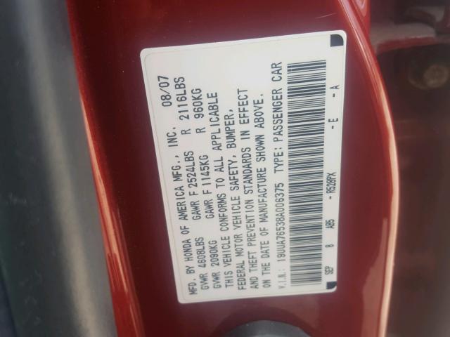 19UUA76538A006375 - 2008 ACURA TL TYPE S RED photo 10