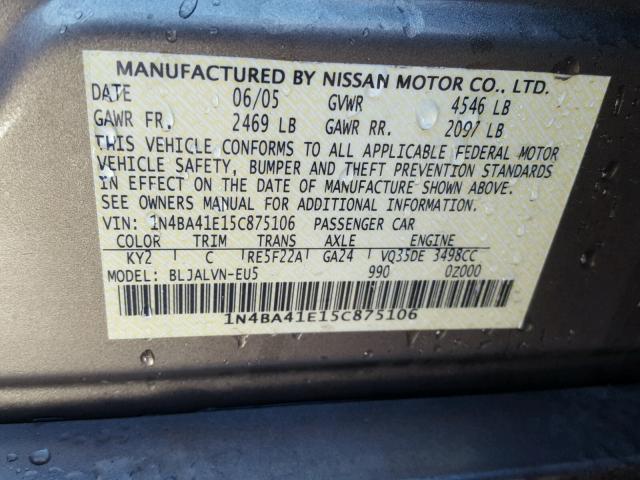 1N4BA41E15C875106 - 2005 NISSAN MAXIMA SE GOLD photo 10