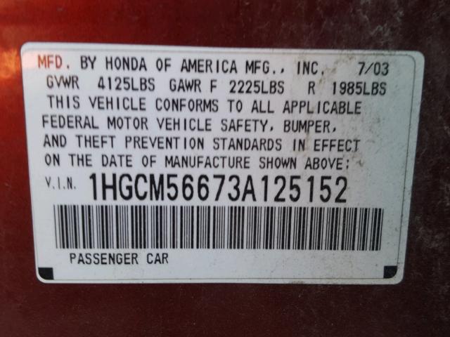 1HGCM56673A125152 - 2003 HONDA ACCORD EX BURGUNDY photo 10