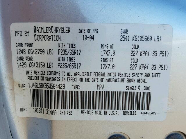 1J4GL58K95W564429 - 2005 JEEP LIBERTY LI SILVER photo 10