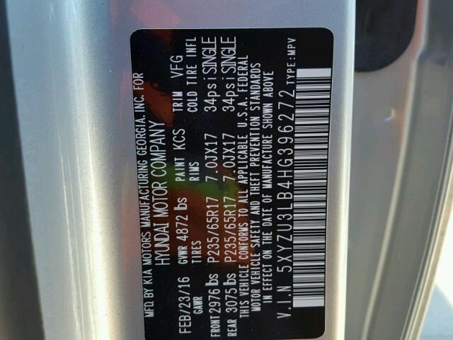 5XYZU3LB4HG396272 - 2017 HYUNDAI SANTA FE S 银色 照片 10