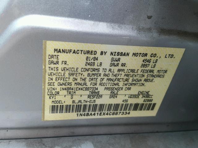 1N4BA41EX4C887334 - 2004 NISSAN MAXIMA SE SILVER photo 10