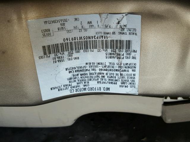 1FAFP34N05W189160 - 2005 FORD FOCUS ZX4 GOLD photo 10