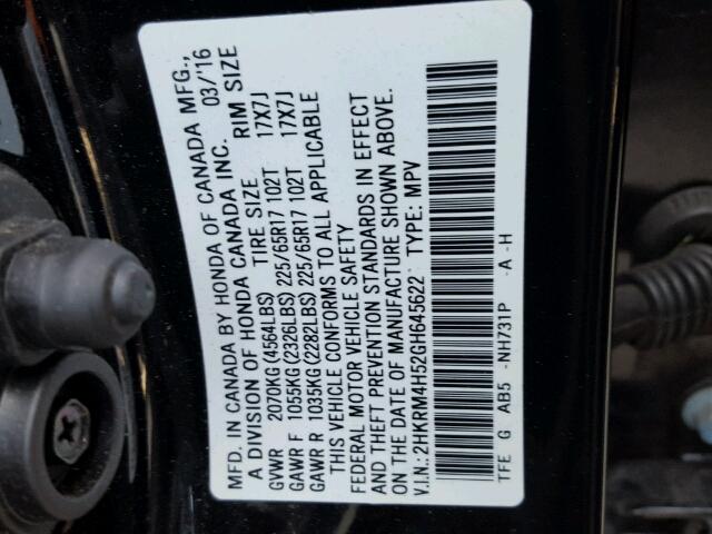 2HKRM4H52GH645622 - 2016 HONDA CR-V EX BLACK photo 10