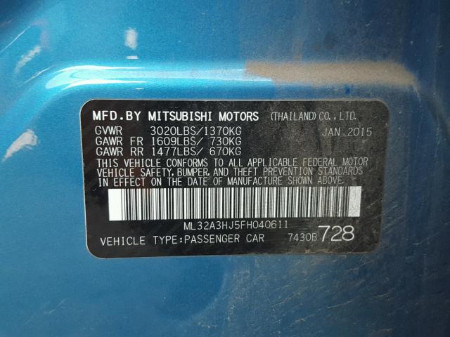 ML32A3HJ5FH040611 - 2015 MITSUBISHI MIRAGE DE BLUE photo 10