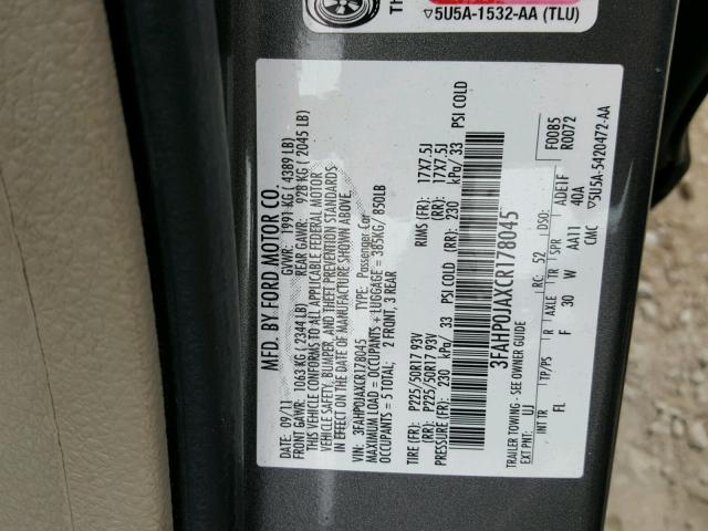 3FAHP0JAXCR178045 - 2012 FORD FUSION SEL CHARCOAL photo 10