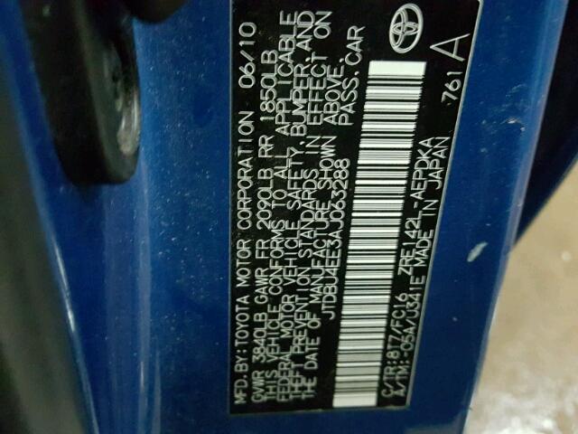 JTDBU4EE3AJ063288 - 2010 TOYOTA COROLLA BA BLUE photo 10