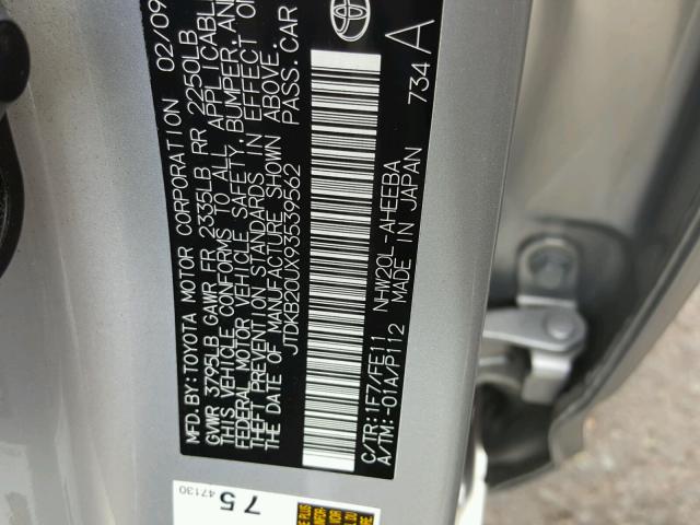 JTDKB20UX93539562 - 2009 TOYOTA PRIUS SILVER photo 10