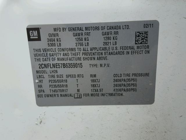 2CNFLNE57B6359015 - 2011 CHEVROLET EQUINOX LT WHITE photo 10