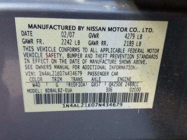 1N4AL21E07N434679 - 2007 NISSAN ALTIMA 2.5 GRAY photo 10