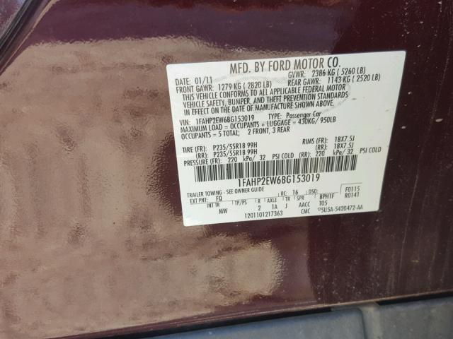 1FAHP2EW6BG153019 - 2011 FORD TAURUS SEL BURGUNDY photo 10