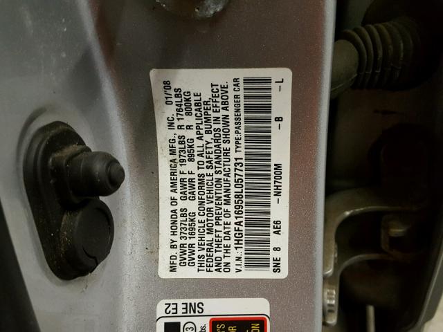 1HGFA16958L057731 - 2008 HONDA CIVIC EXL ვერცხლისფერი ფოტო 10
