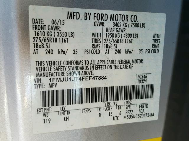 1FMJU1JT4FEF47884 - 2015 FORD EXPEDITION SILVER photo 10