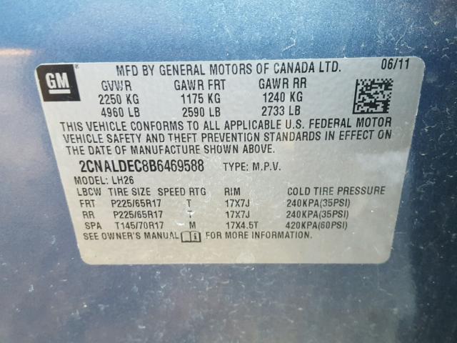 2CNALDEC8B6469588 - 2011 CHEVROLET EQUINOX LT BLUE photo 10