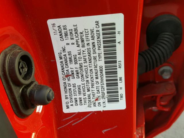 2HGFC2F57HH504800 - 2017 HONDA CIVIC LX RED photo 10