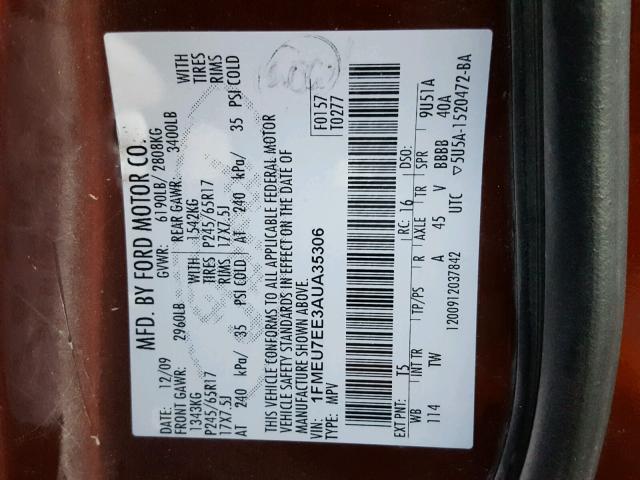 1FMEU7EE3AUA35306 - 2010 FORD EXPLORER E MAROON photo 10