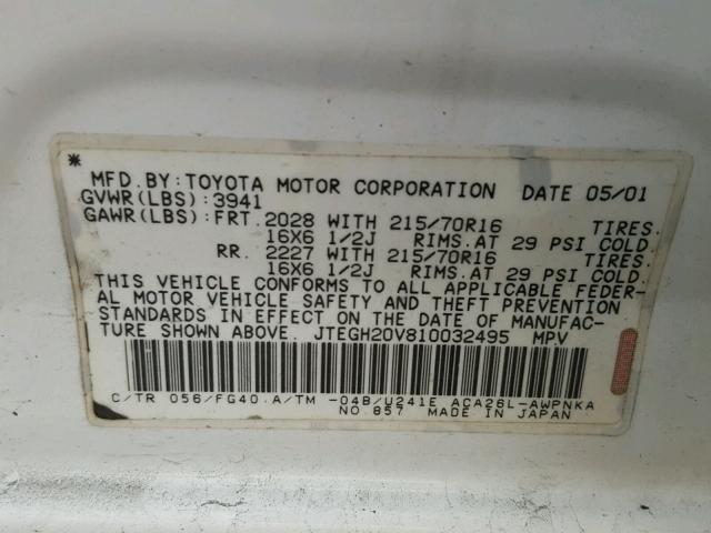 JTEGH20V810032495 - 2001 TOYOTA RAV4 WHITE photo 10