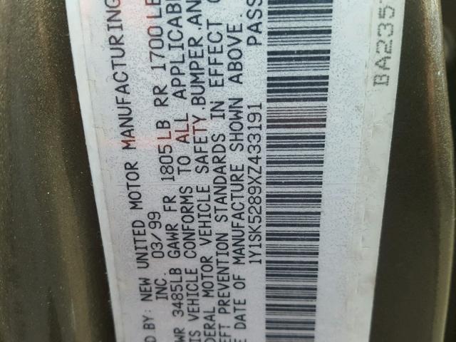 1Y1SK5289XZ433191 - 1999 CHEVROLET GEO PRIZM 棕色 照片 10