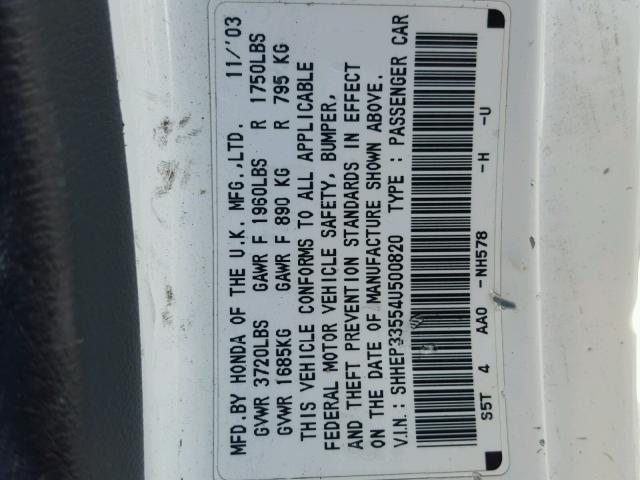 SHHEP33554U500820 - 2004 HONDA CIVIC SI WHITE photo 10