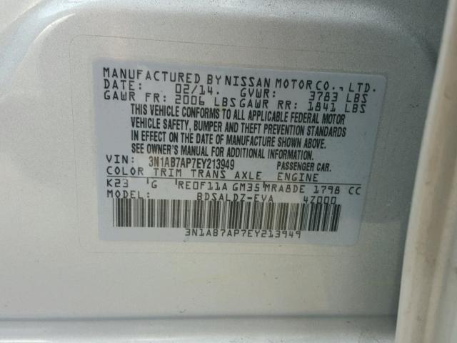 3N1AB7AP7EY213949 - 2014 NISSAN SENTRA S SILVER photo 10