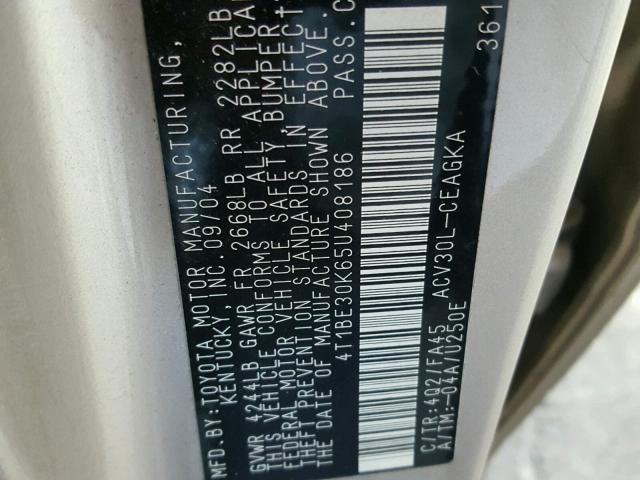 4T1BE30K65U408186 - 2005 TOYOTA CAMRY LE ოქროსფერი ფოტო 10