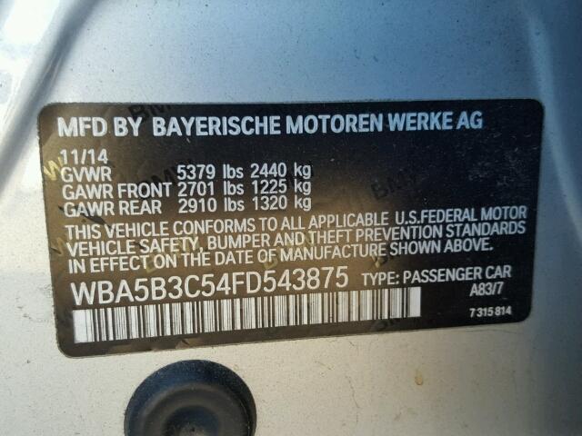 WBA5B3C54FD543875 - 2015 BMW 535 XI SILVER photo 10